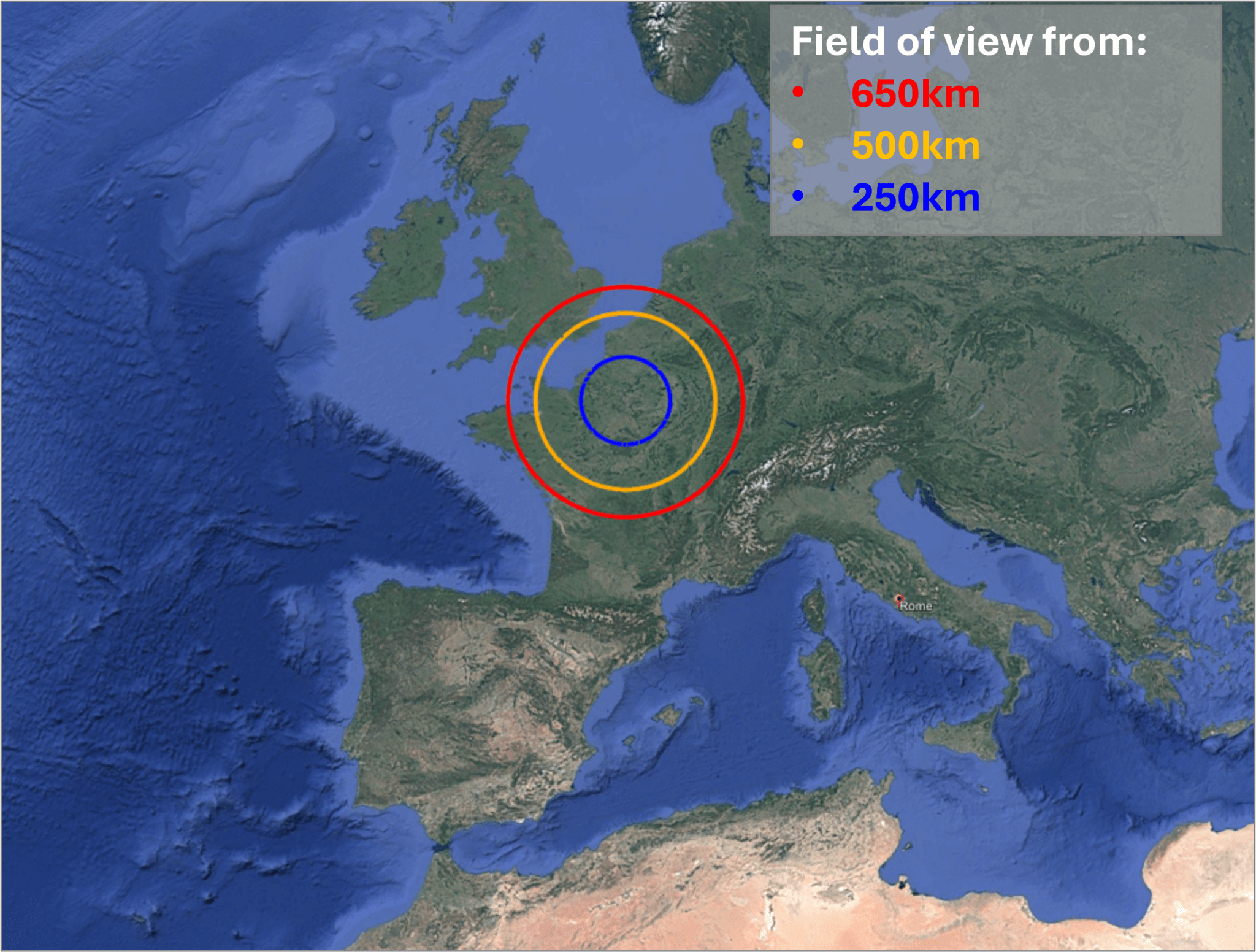Field of view for satellites in orbit at 250km, 500km and 650km.