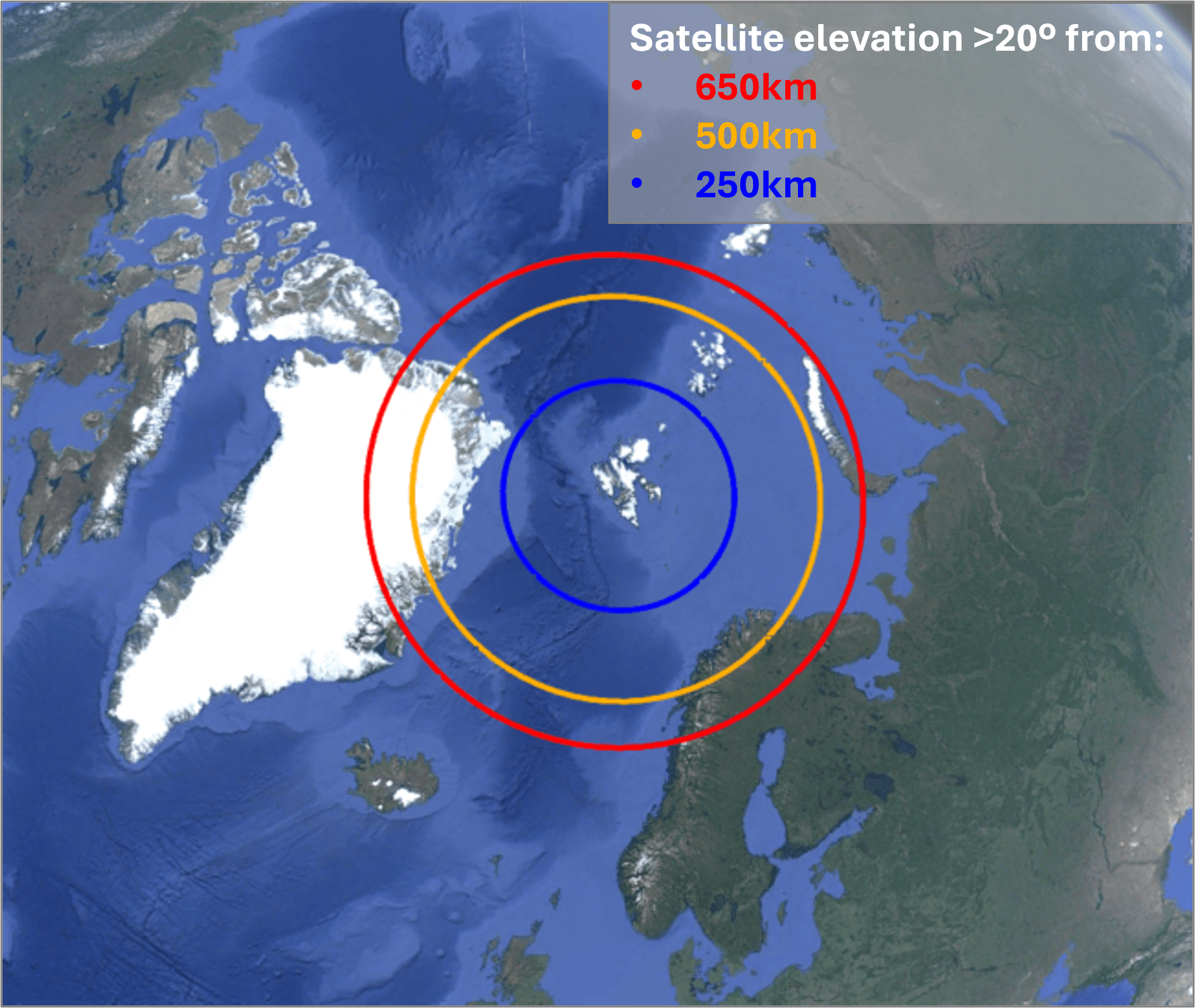 Maximum distances for data downlink to Svalbard for satellites at different altitudes