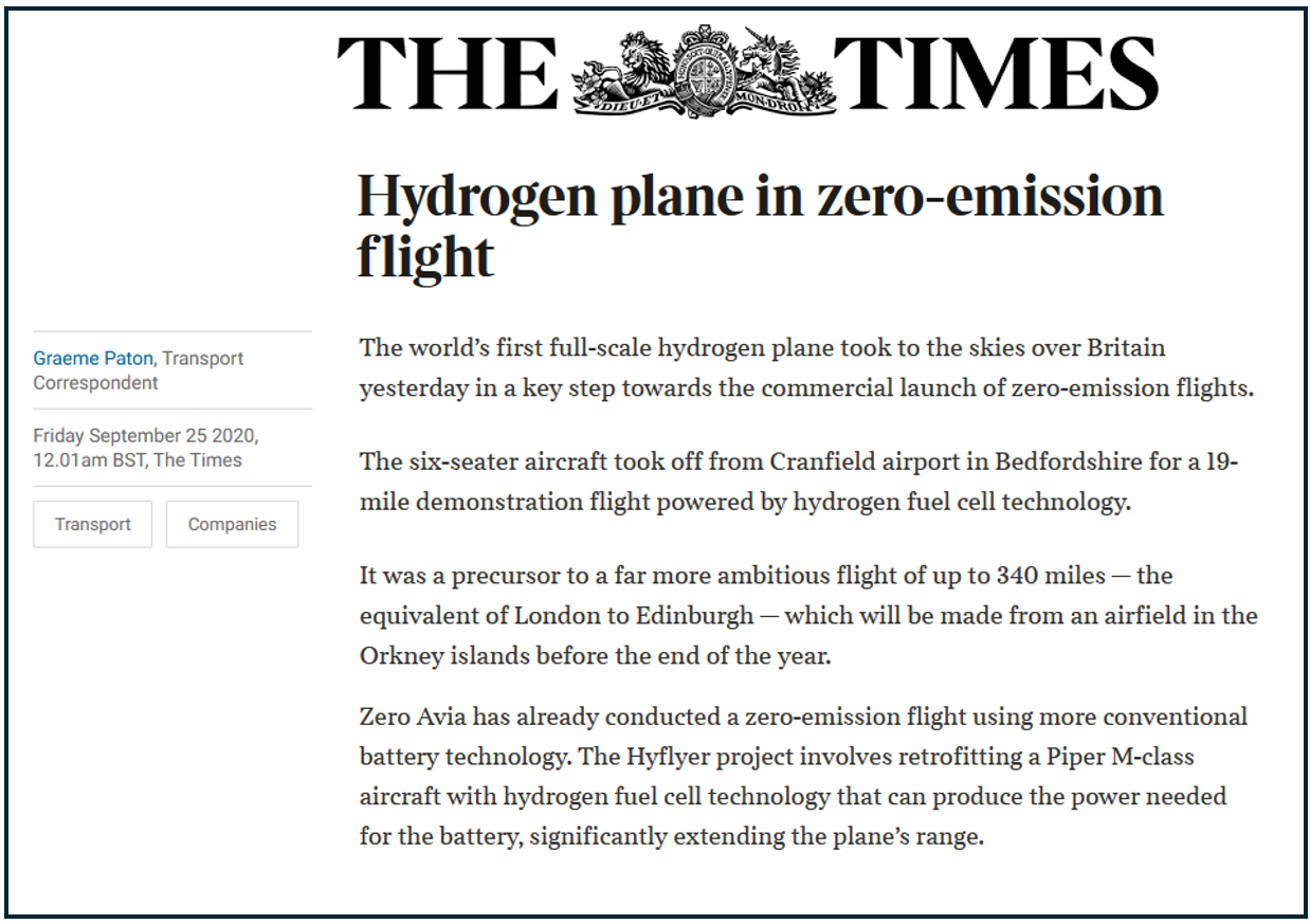 The Times report of first flight of ZeroAvia's hydrogen-electric Piper Malibu.